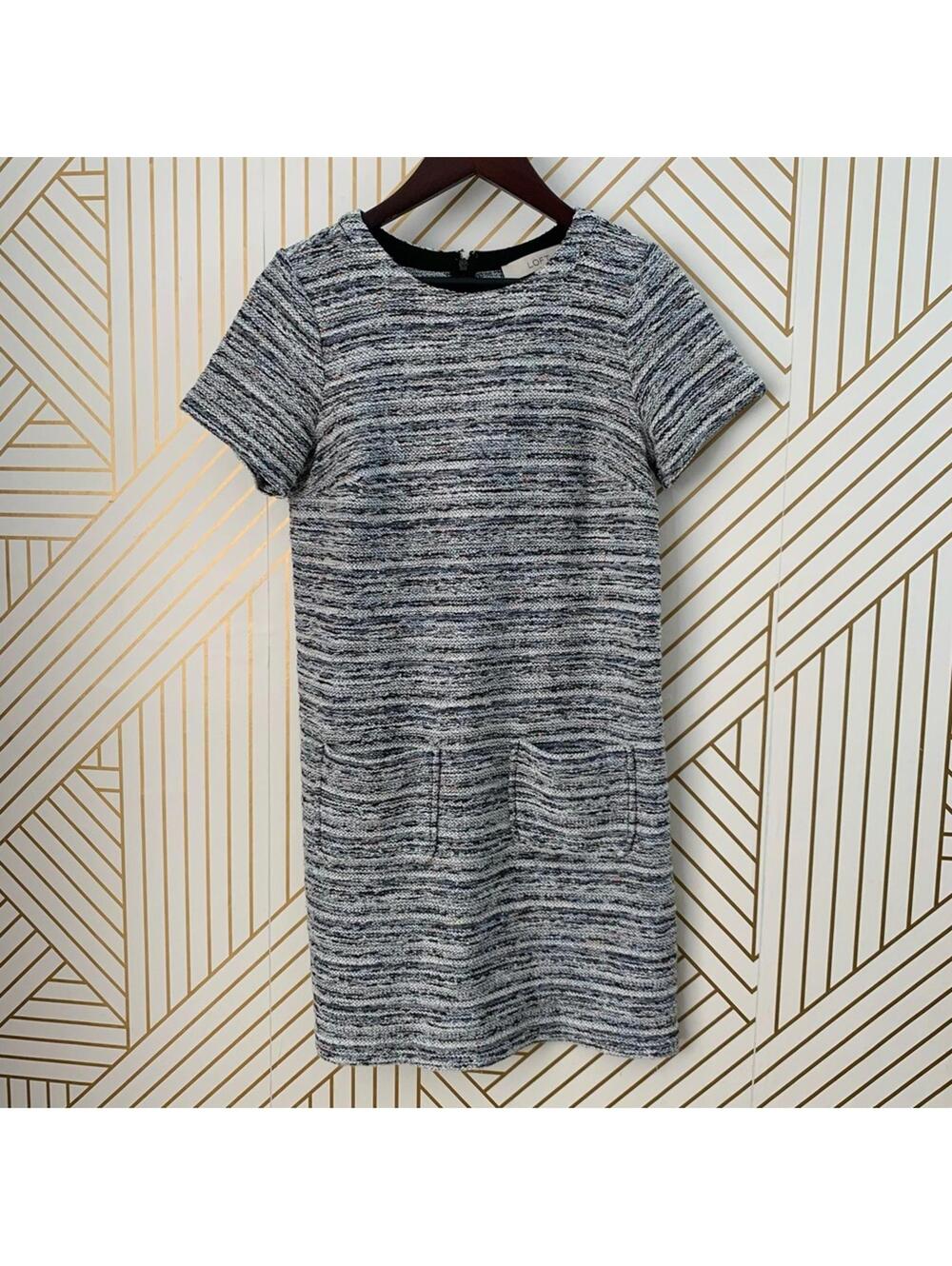 LOFT tweed boucle striped multicolor pockets short sleeves dress XSP XS petite
